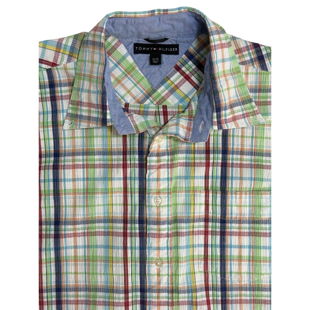 Tommy Hilfiger Shirt Mens XL Multicolor Plaid Button Up Short Sleeve Cotton